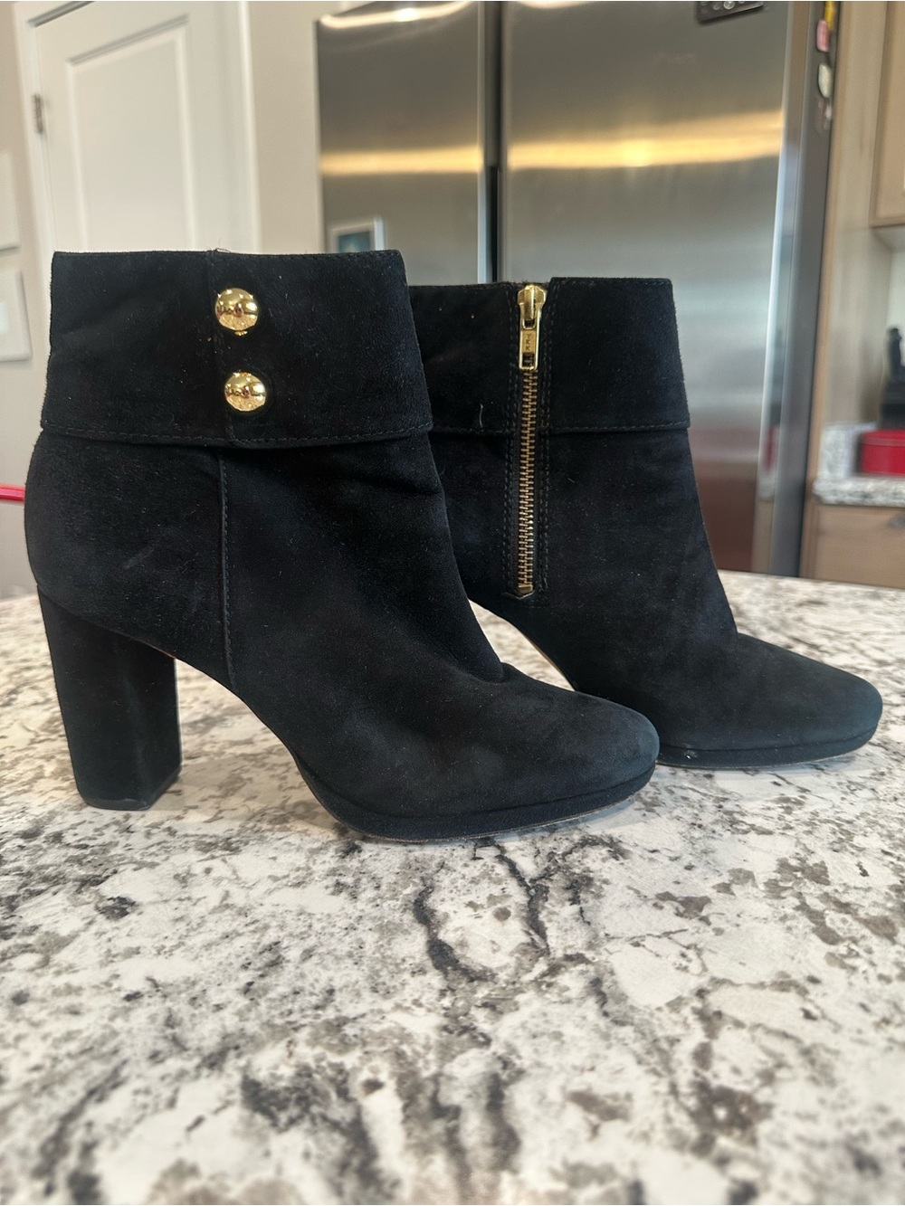 Kate Spade Black Suede Ankle Booties with Gold Accent